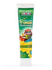Child brushing teeth with Bentodent Mango toothpaste