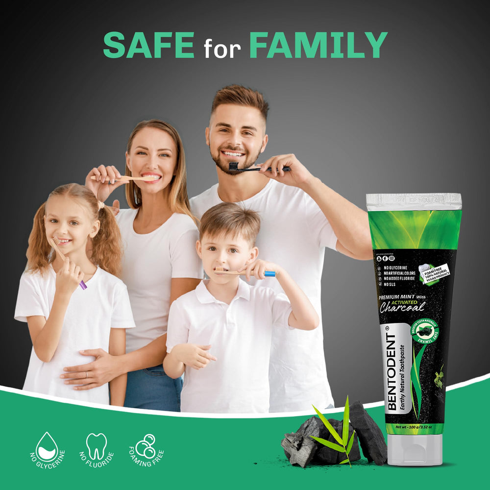 Minty fresh Bentodent charcoal toothpaste in use