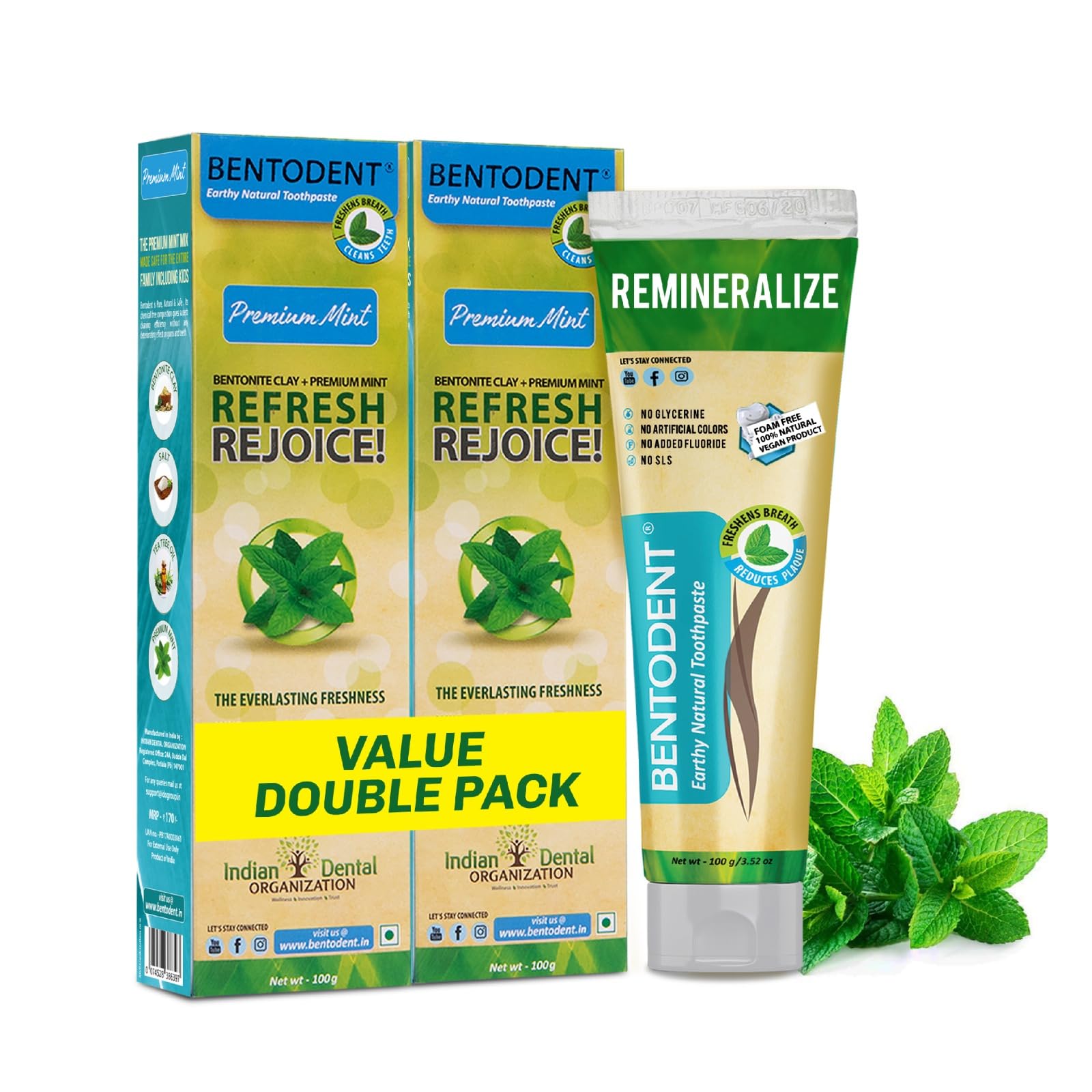 Bentodent premium mint toothpaste tube with calcium bentonite clay