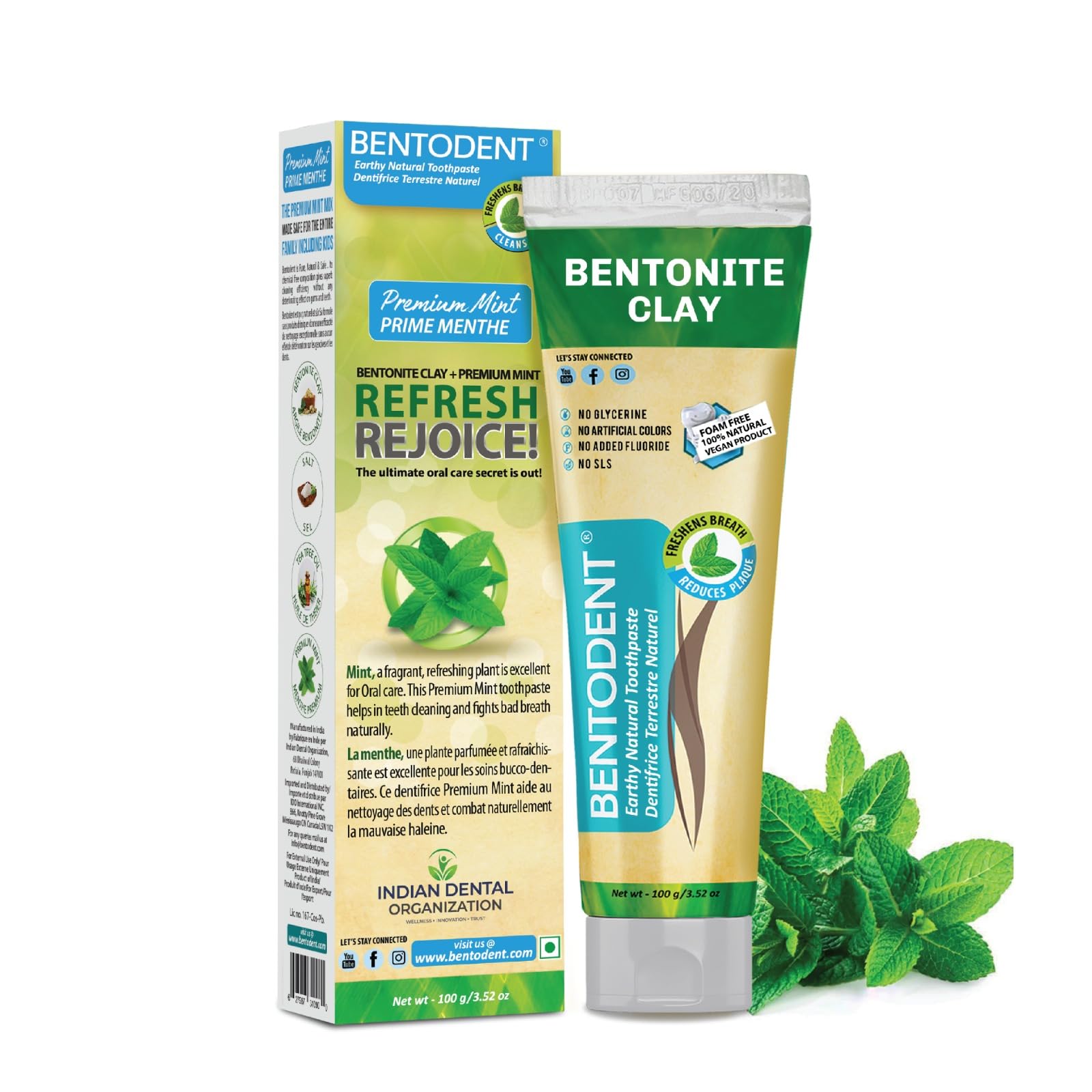 Bentodent toothpaste packaging with Premium Mint label