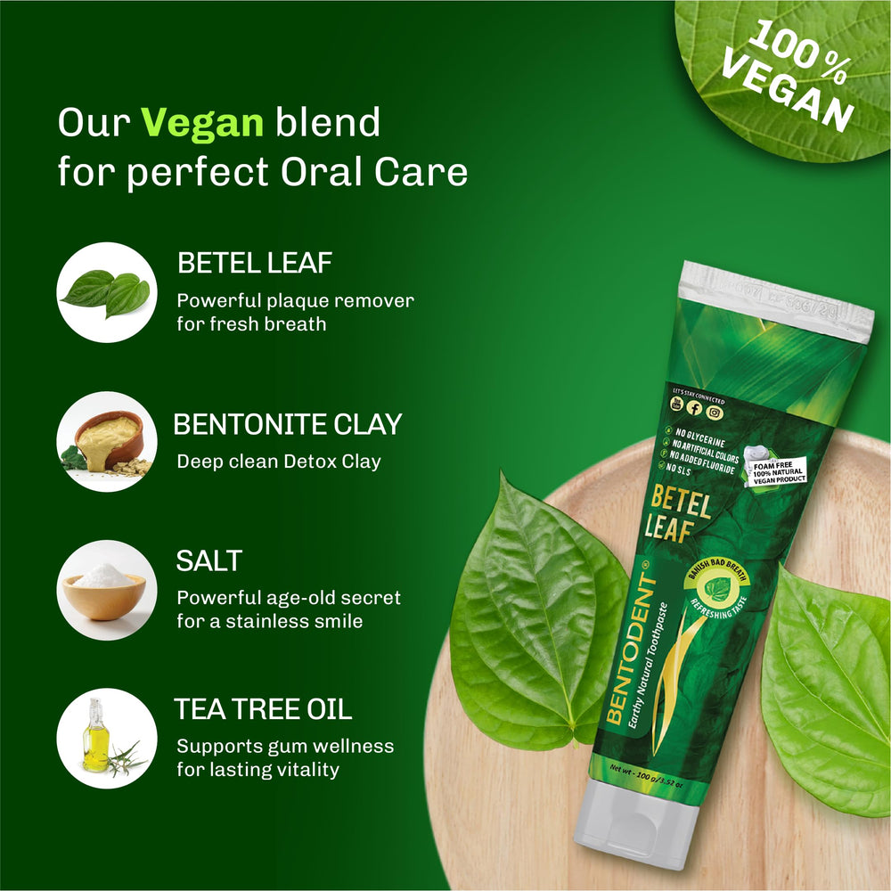Close-up of Bentodent toothpaste ingredients including calcium bentonite clay and purified water