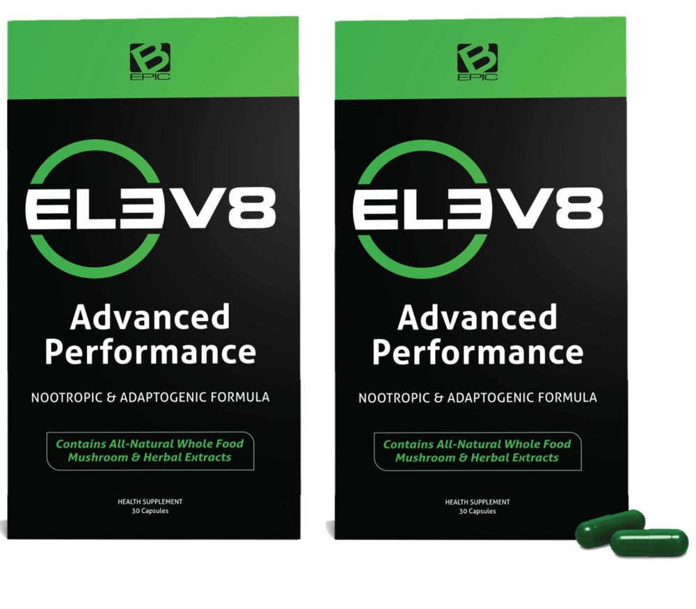 BEpic ELEV8 bottle front with capsules suggesting sustained energy.