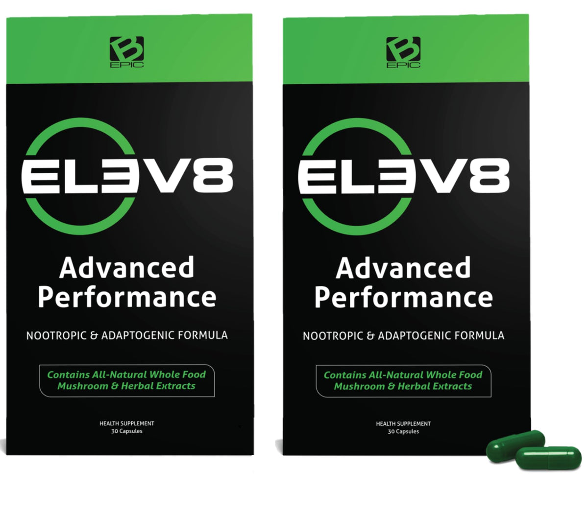 BEpic ELEV8 bottle front with capsules suggesting sustained energy.
