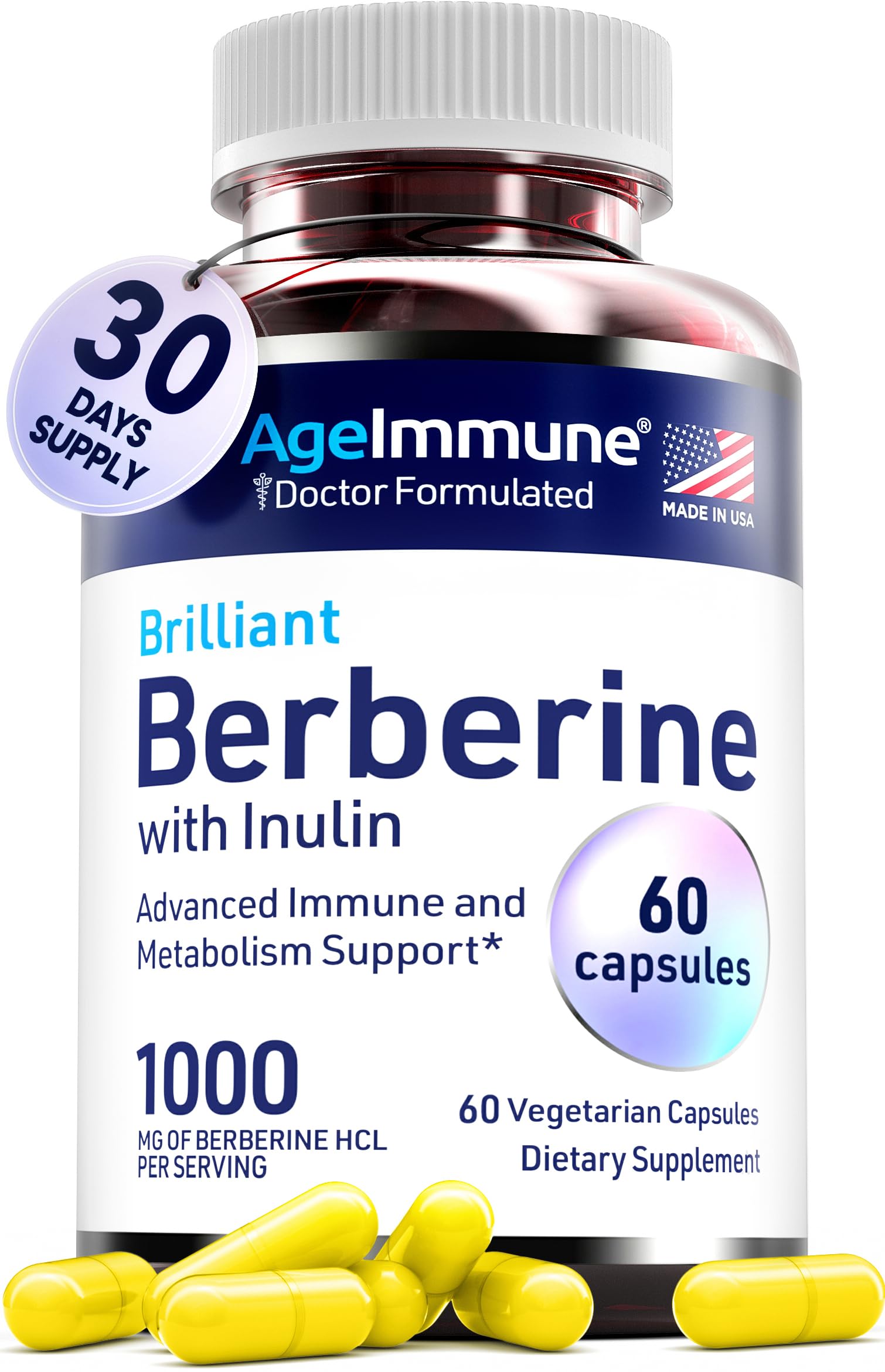 AgeImmune Berberine 1000mg supplement bottle with Inulin prebiotic on white background