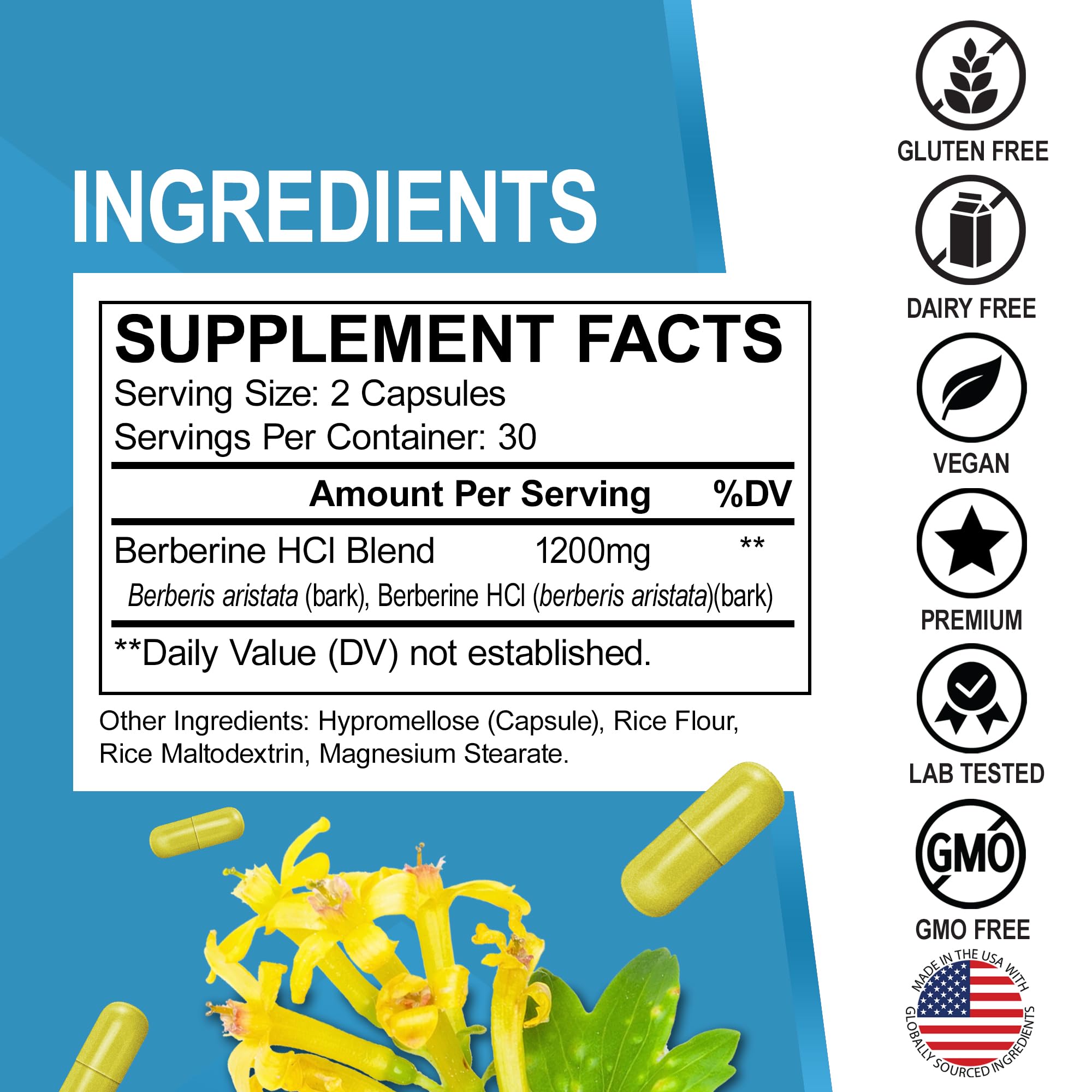 Premium berberine HCl capsules for metabolism support
