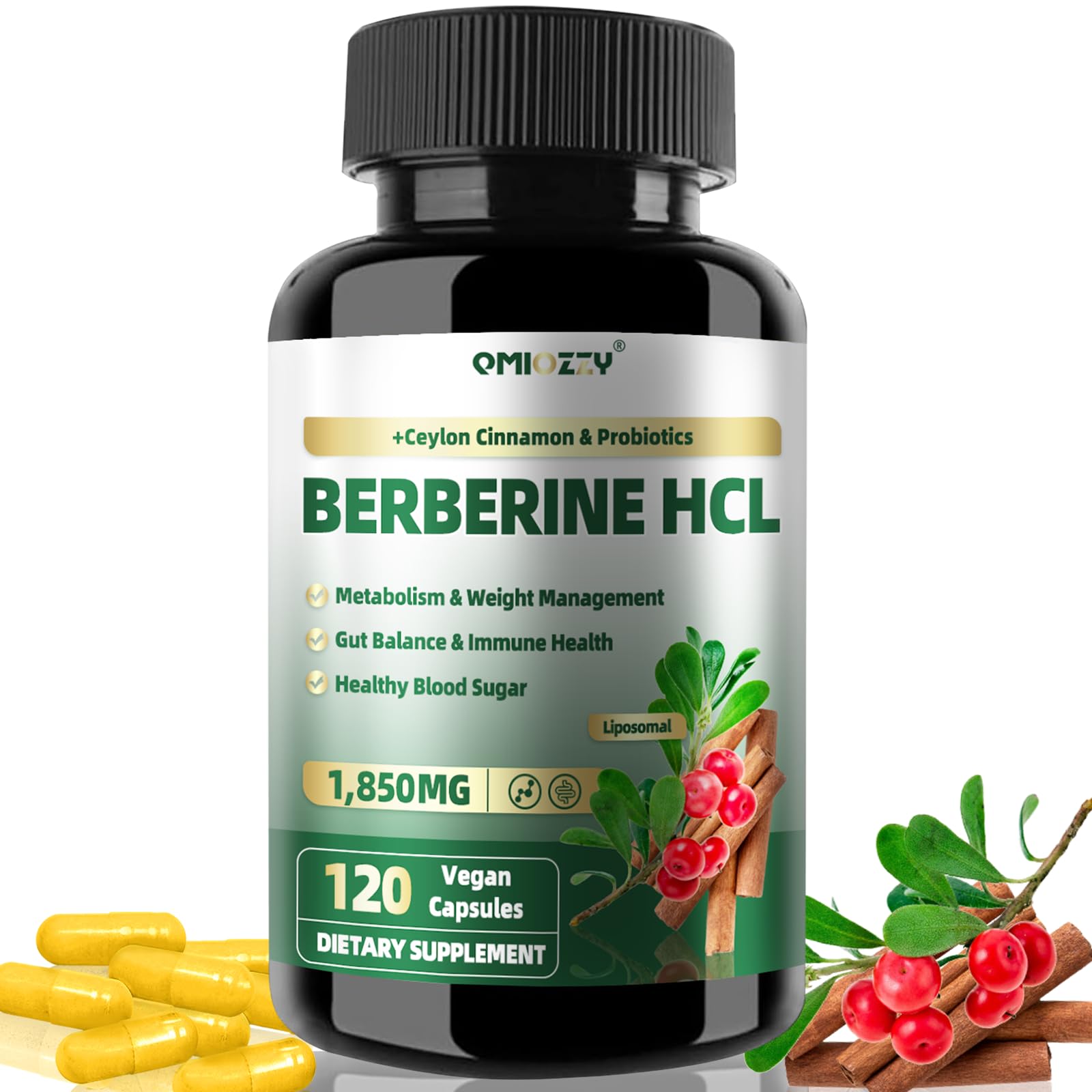 Bottle of Berberine 1500mg liposomal with cinnamon and probiotics