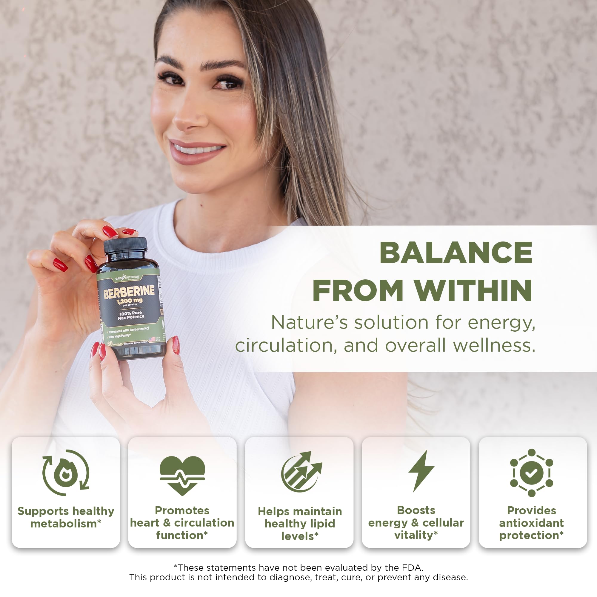 Close-up of Berberine HCl 1200 mg dosage details on bottle