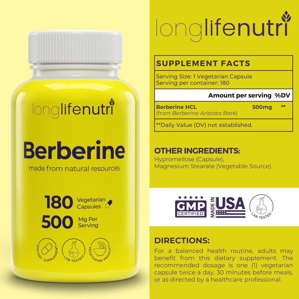 Berberine supplement bottle label highlighting non-GMO and USA made