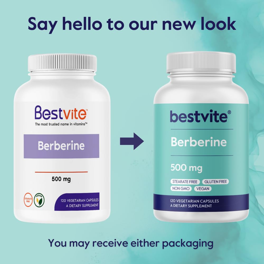 Product packaging with features and sizes of Berberine 500mg capsules