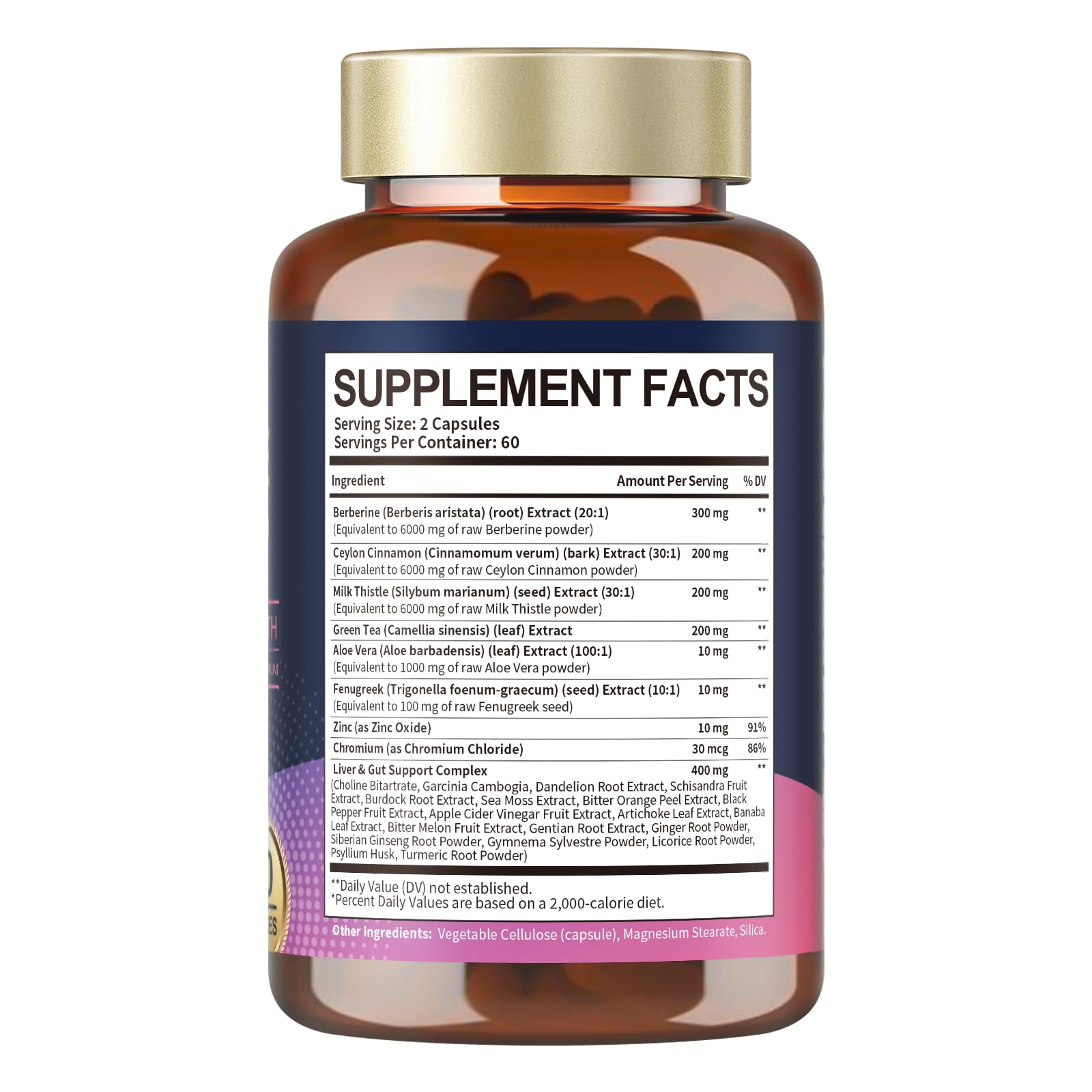 Close-up of Berberine capsules with ingredients in the background