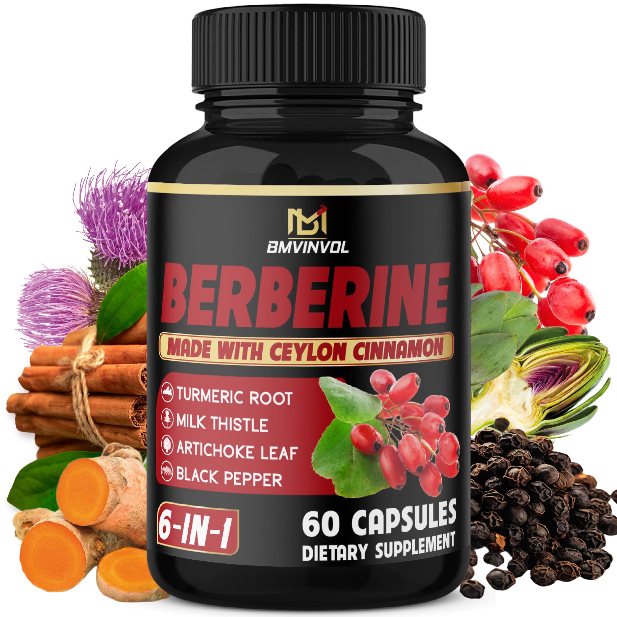 Bottle of Berberine with Ceylon Cinnamon, Turmeric, Milk Thistle, Artichoke, and Black Pepper – 60 Count