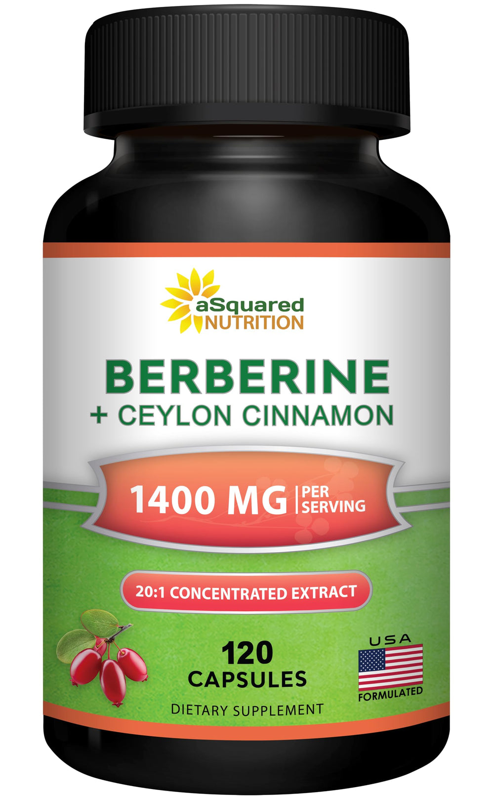 Bottle of aSquared Nutrition Berberine with Ceylon Cinnamon 1200mg Berberine HCl 120 capsules