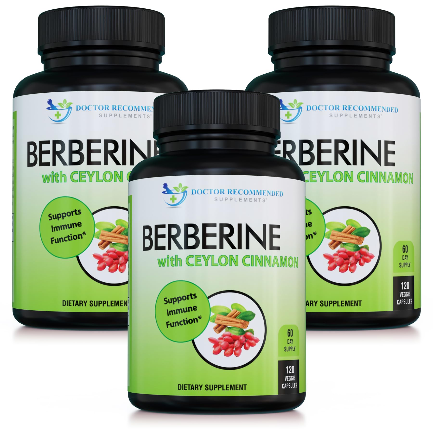 Front view of Doctor Recommended Berberine with Ceylon Cinnamon bottle for three-pack