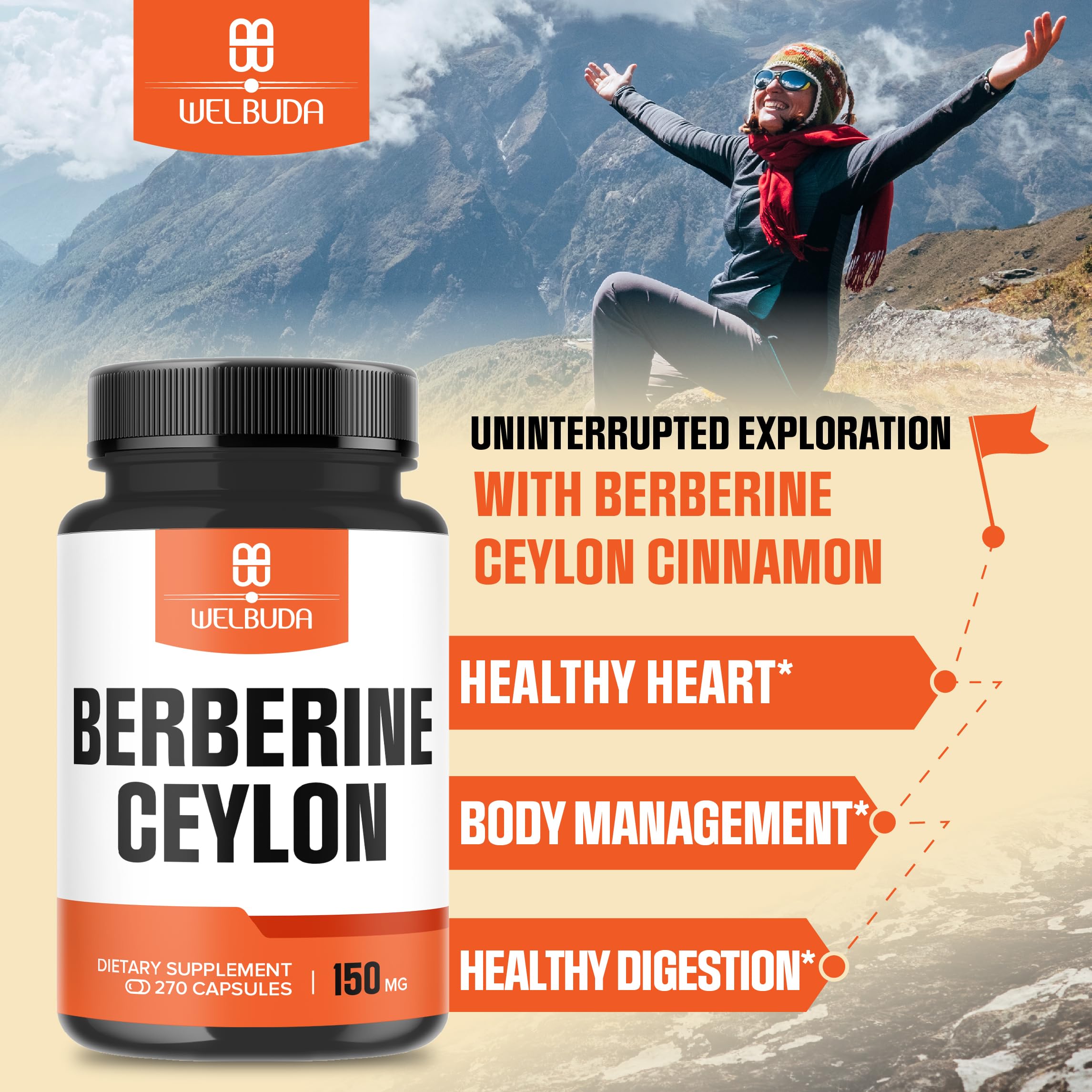 Graphic highlighting Berberine HCl and Organic Ceylon Cinnamon Bark ingredients