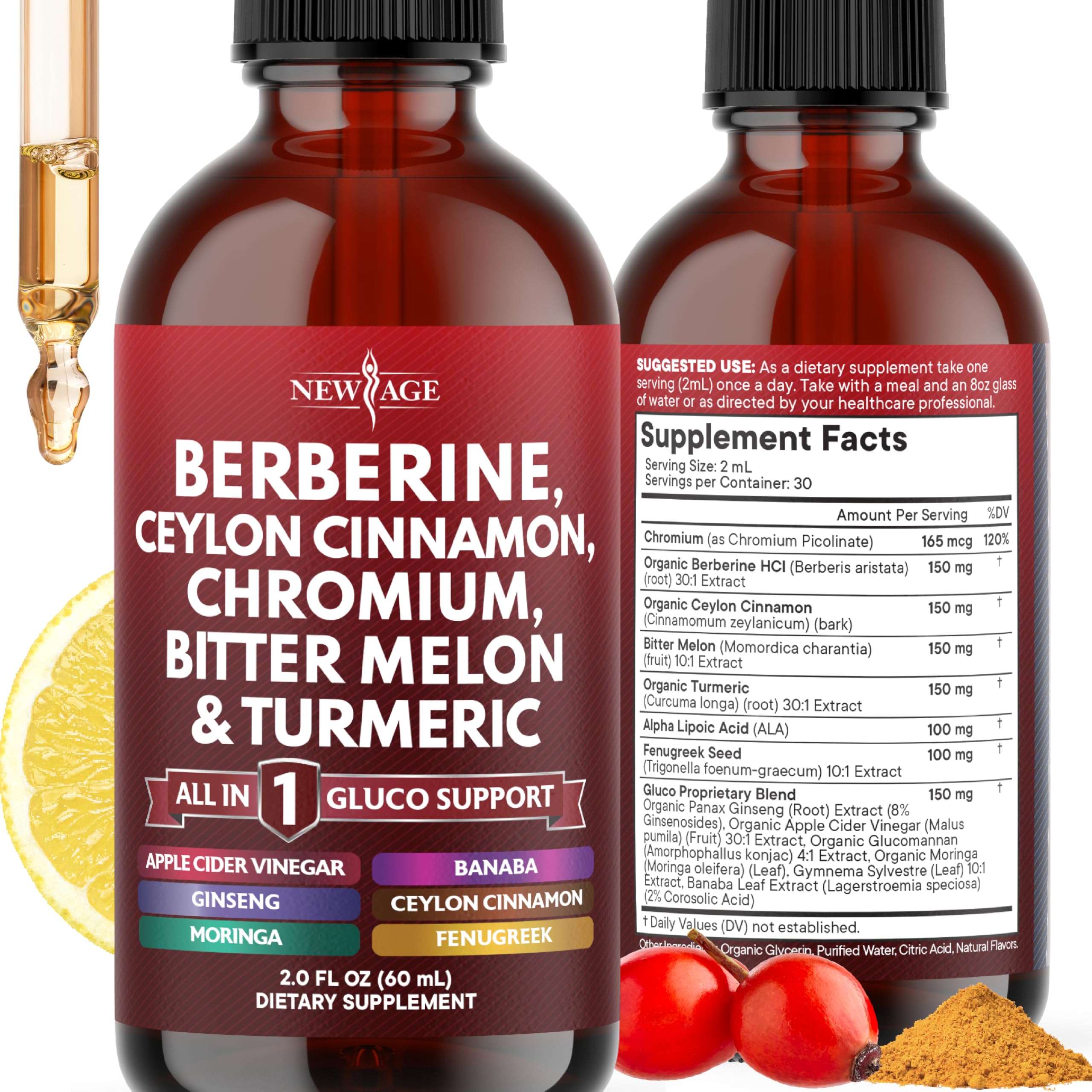 Bottle and dropper of Berberine with Ceylon Cinnamon Liquid Drops 2 oz