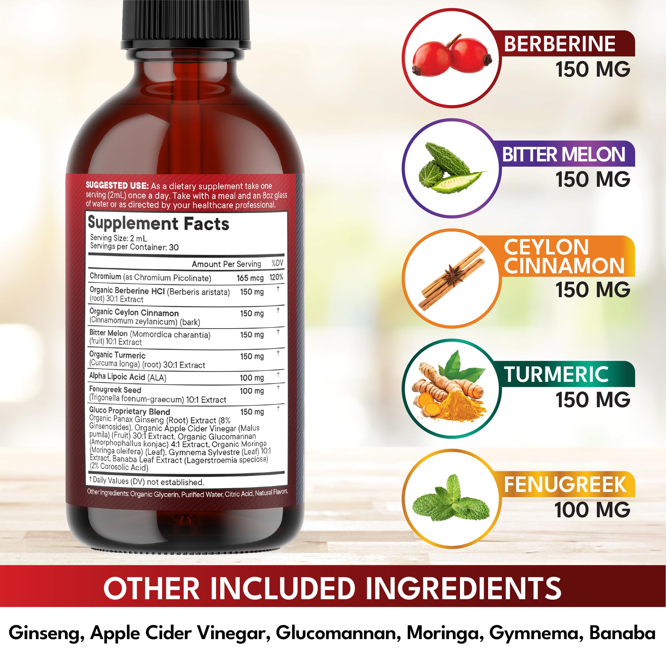 Bottle label highlighting turmeric, chromium and moringa ingredients