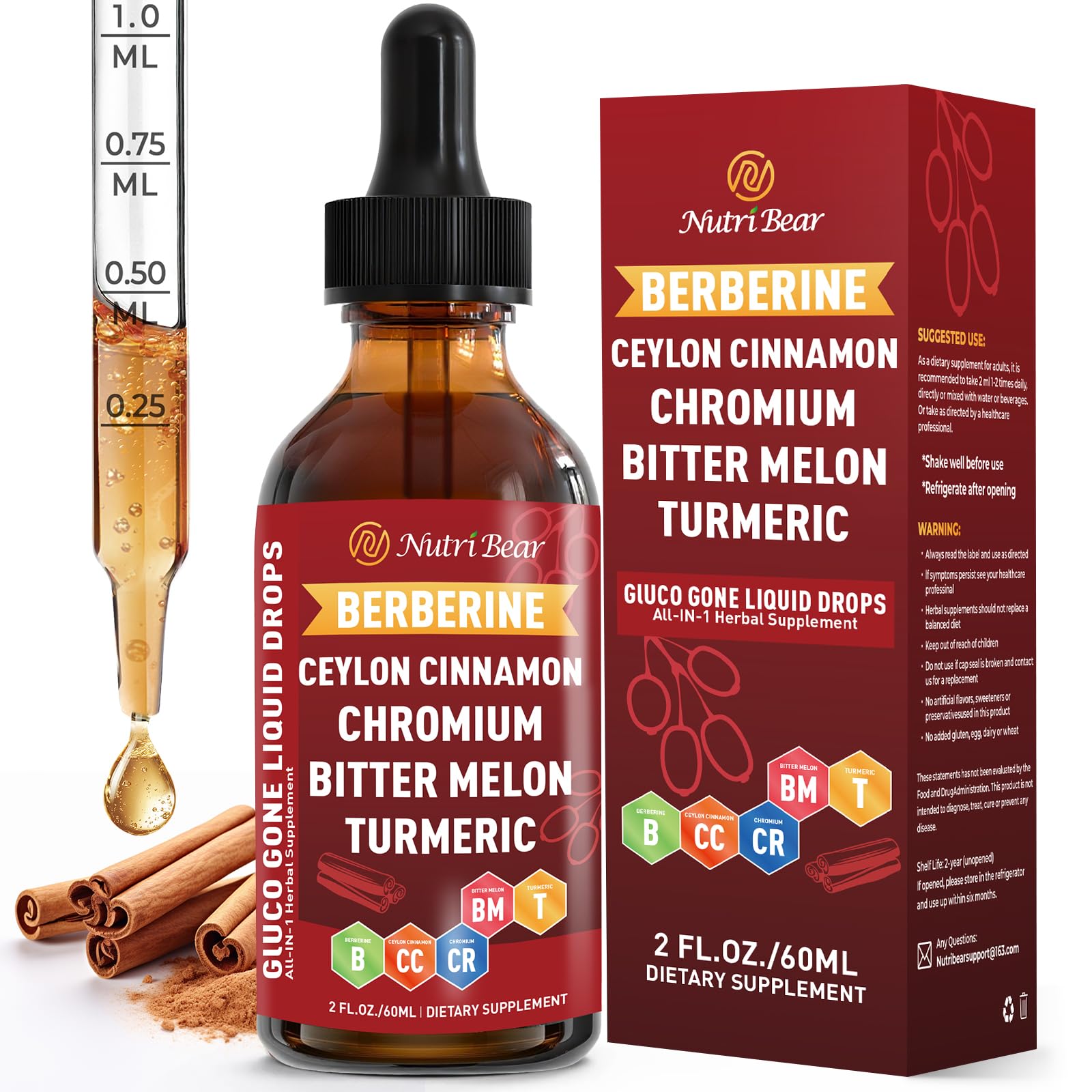 Front view of Berberine with Ceylon Cinnamon liquid drops bottle