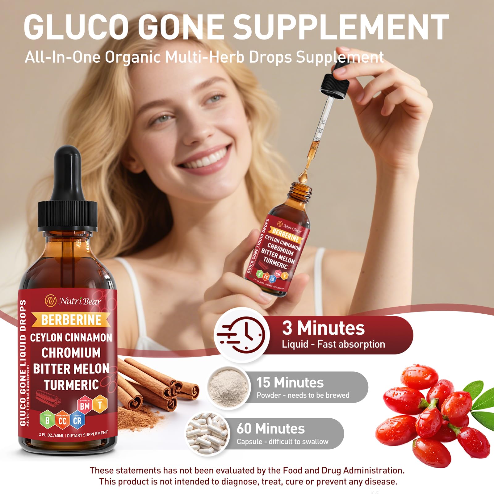 Illustration of ingredients including berberine, cinnamon, turmeric