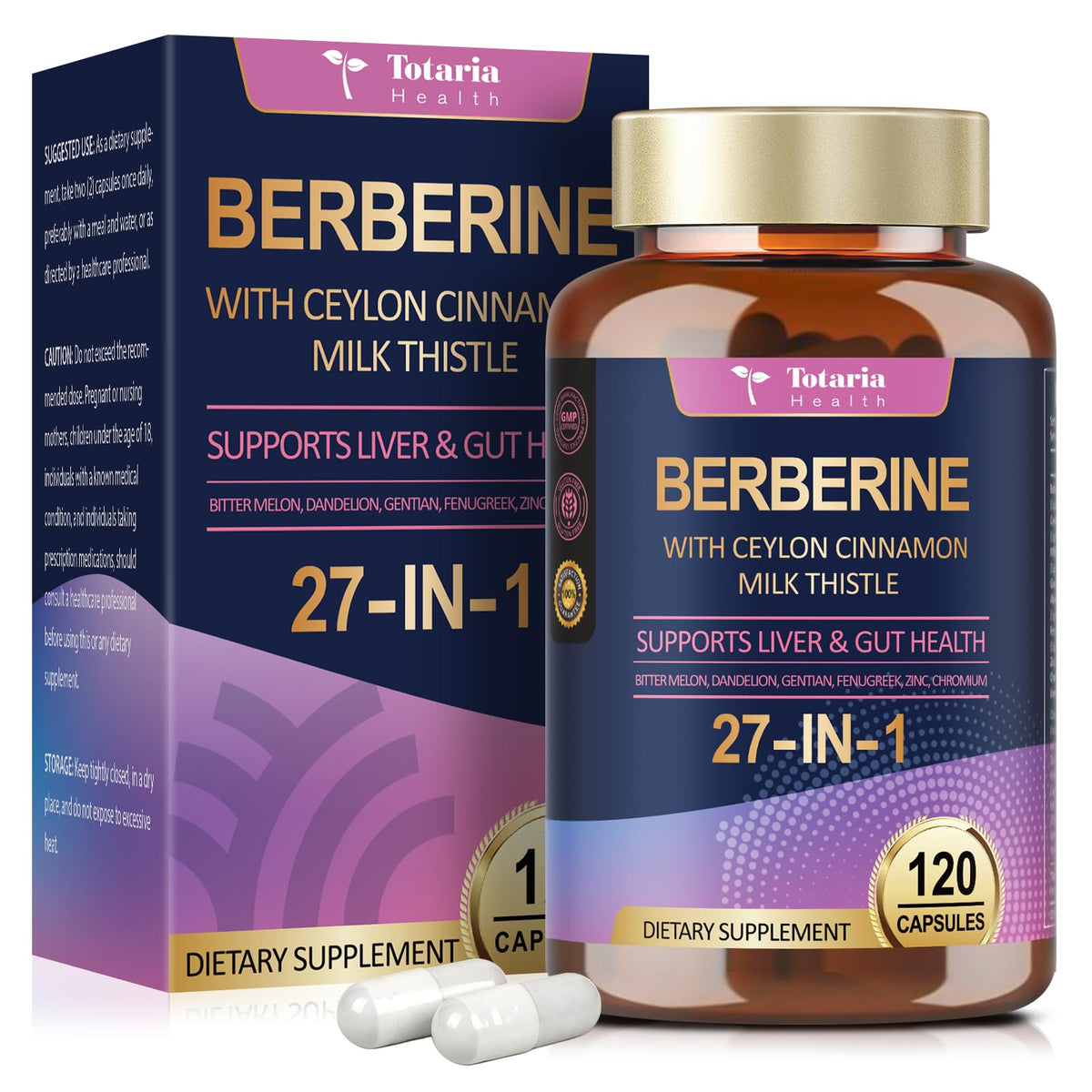 Totaria Berberine supplement bottle with cinnamon and milk thistle