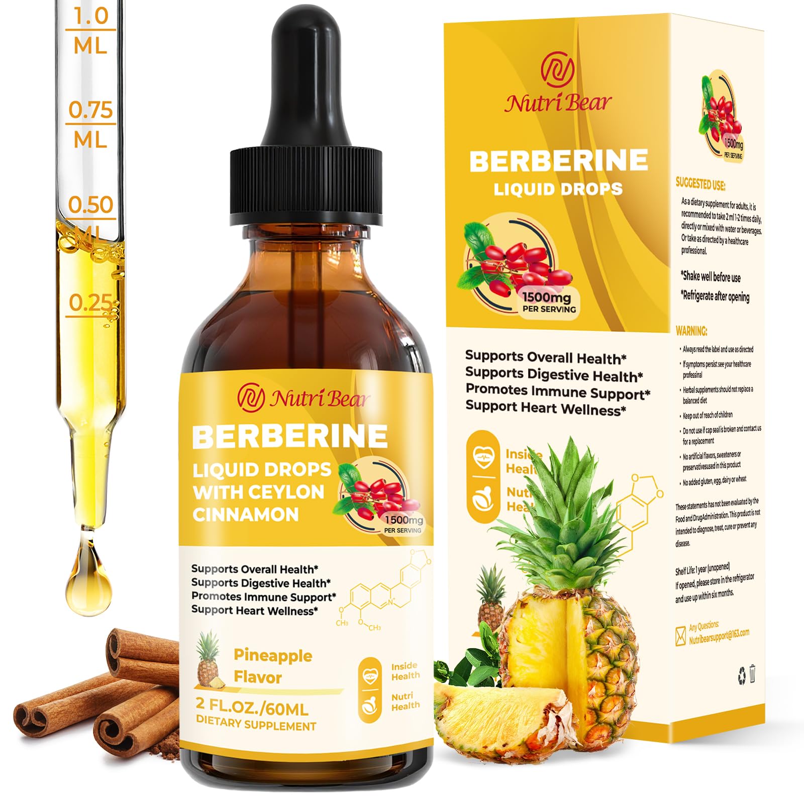Berberine liquid drops bottle with pineapple flavor and 2 oz size