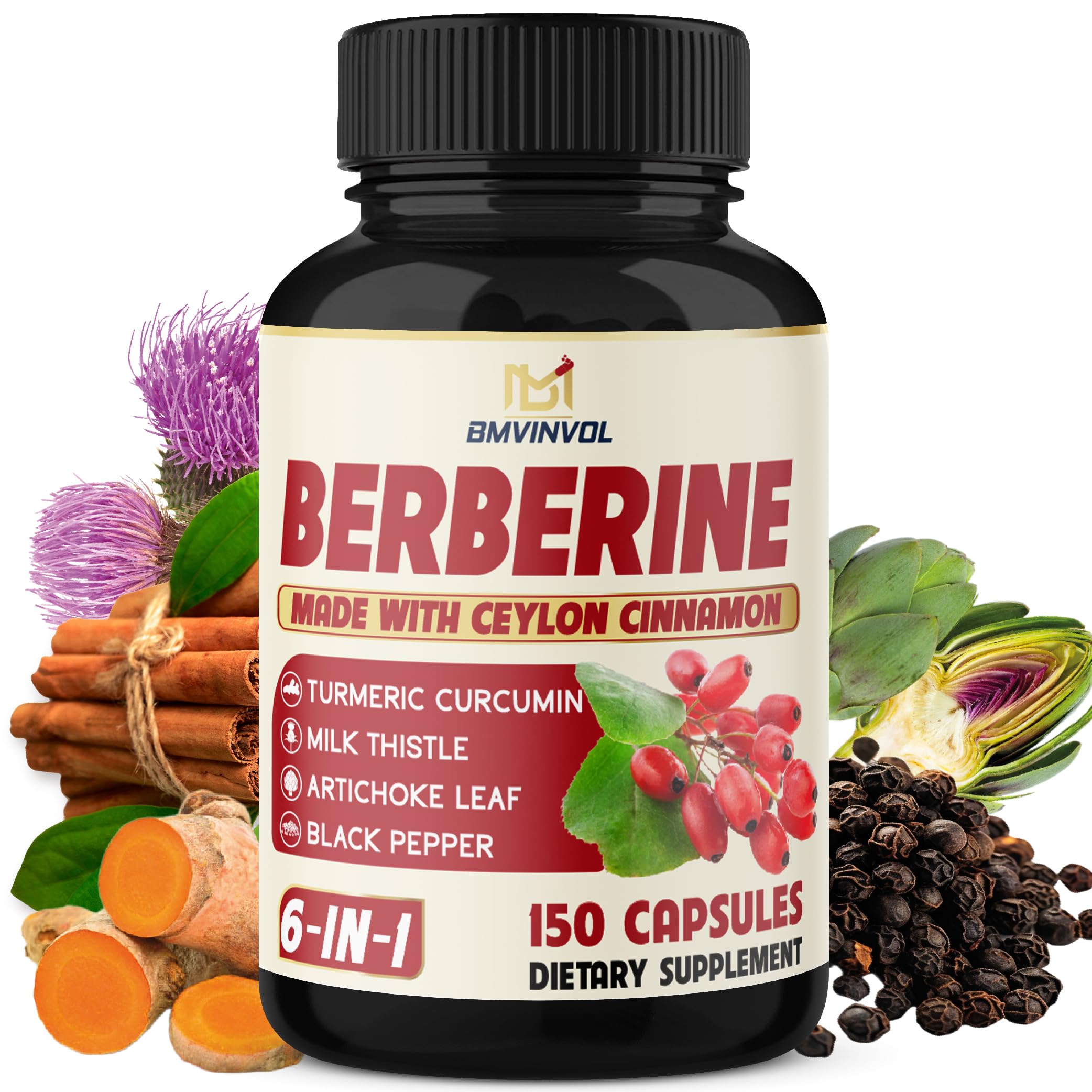 Berberine with Ceylon Cinnamon Turmeric Milk Thistle Artichoke Black Pepper bottle label