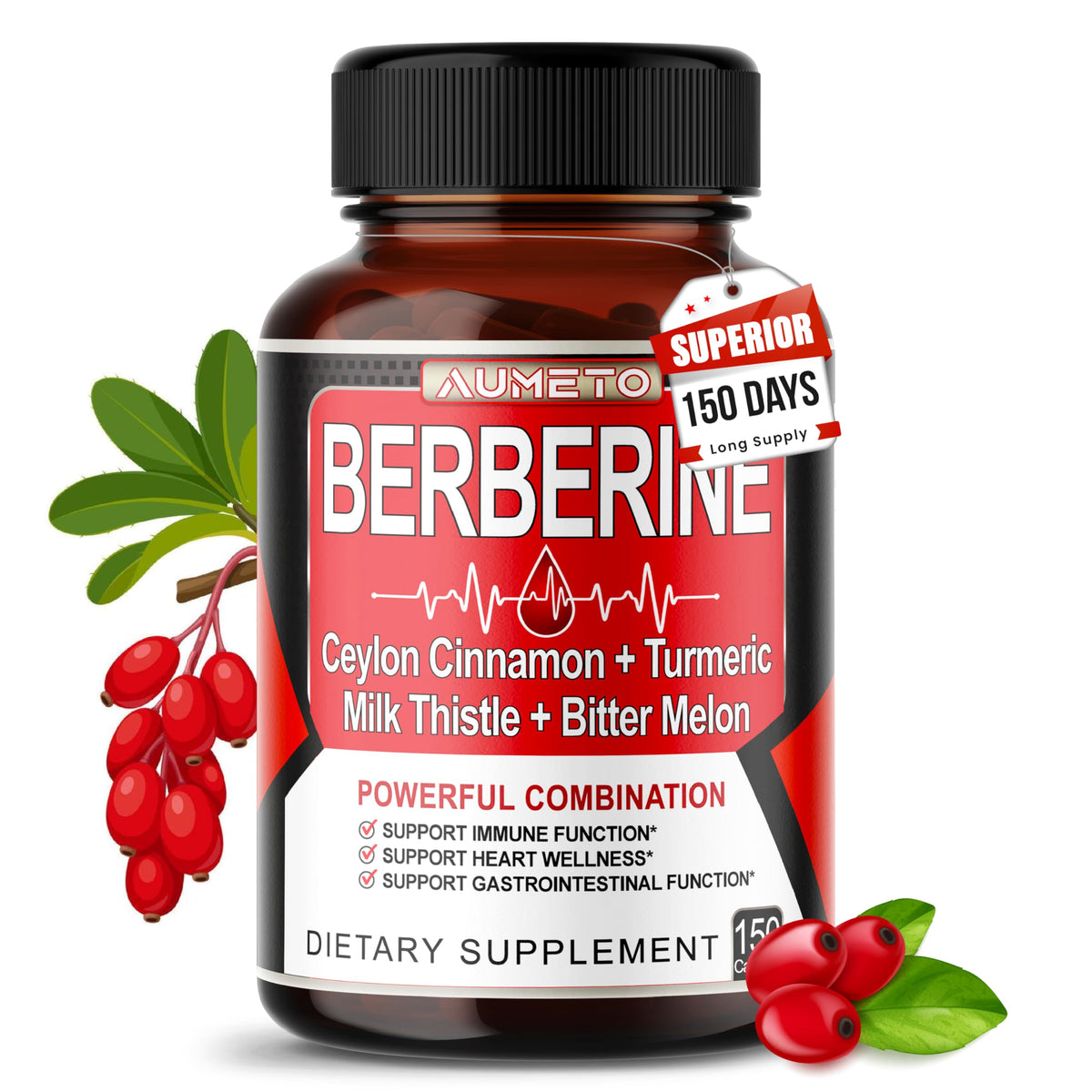 Berberine supplement with cinnamon, turmeric, milk thistle and bitter melon in a bottle