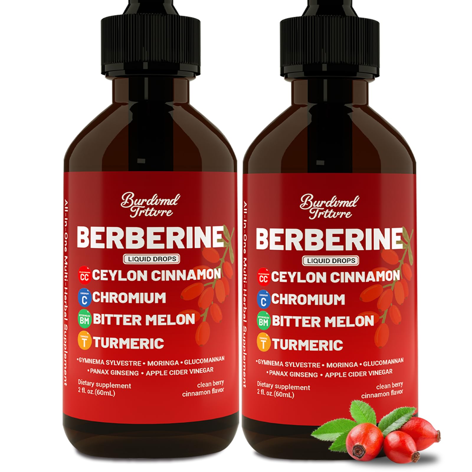 Front view of Berberine Drops bottle with cinnamon and turmeric illustration