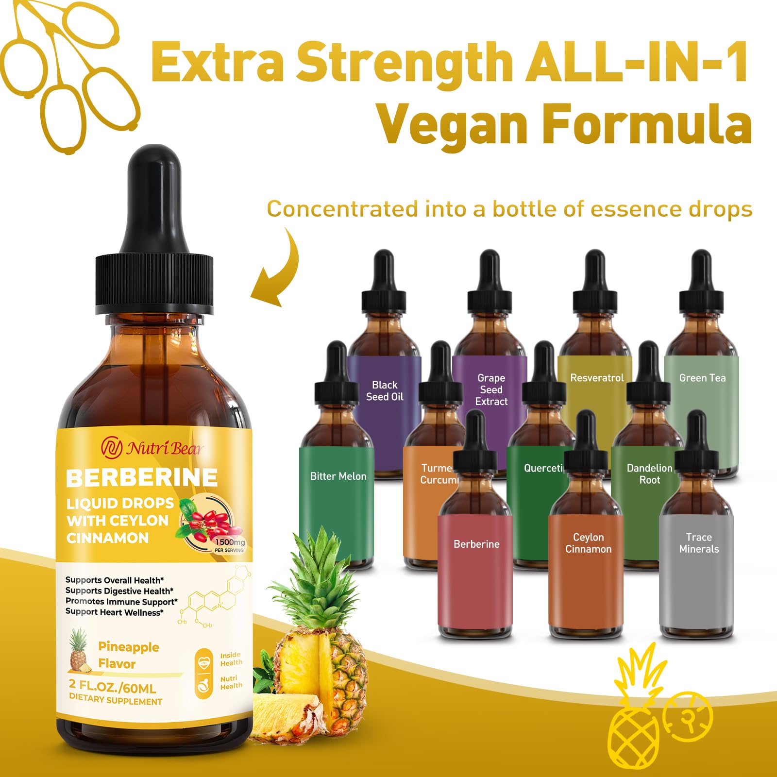 Close-up of pineapple-flavor berberine drops label