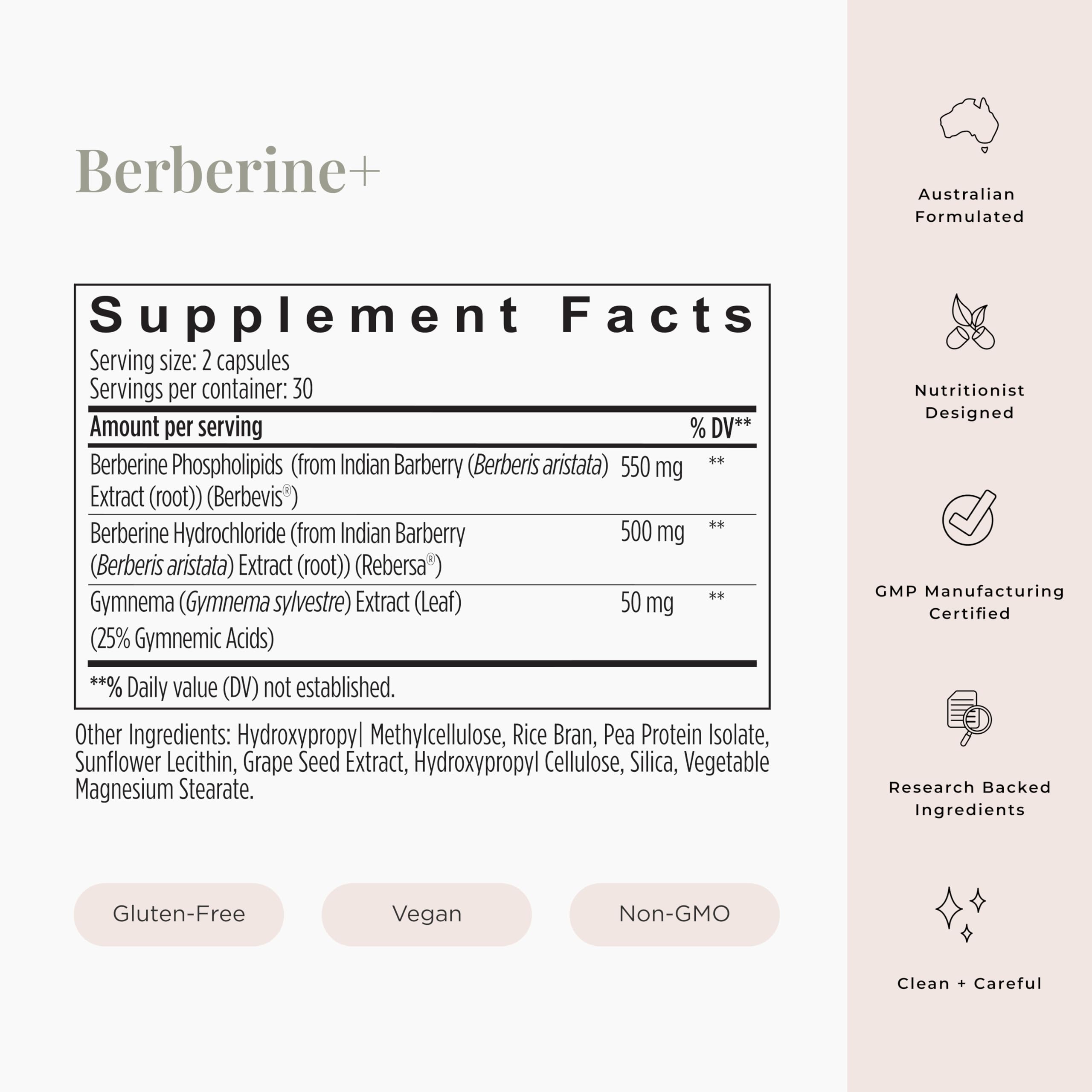Berberine+ Formula packaging showing vegan, gluten-free, non-GMO labels