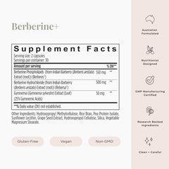 Berberine+ Formula packaging showing vegan, gluten-free, non-GMO labels