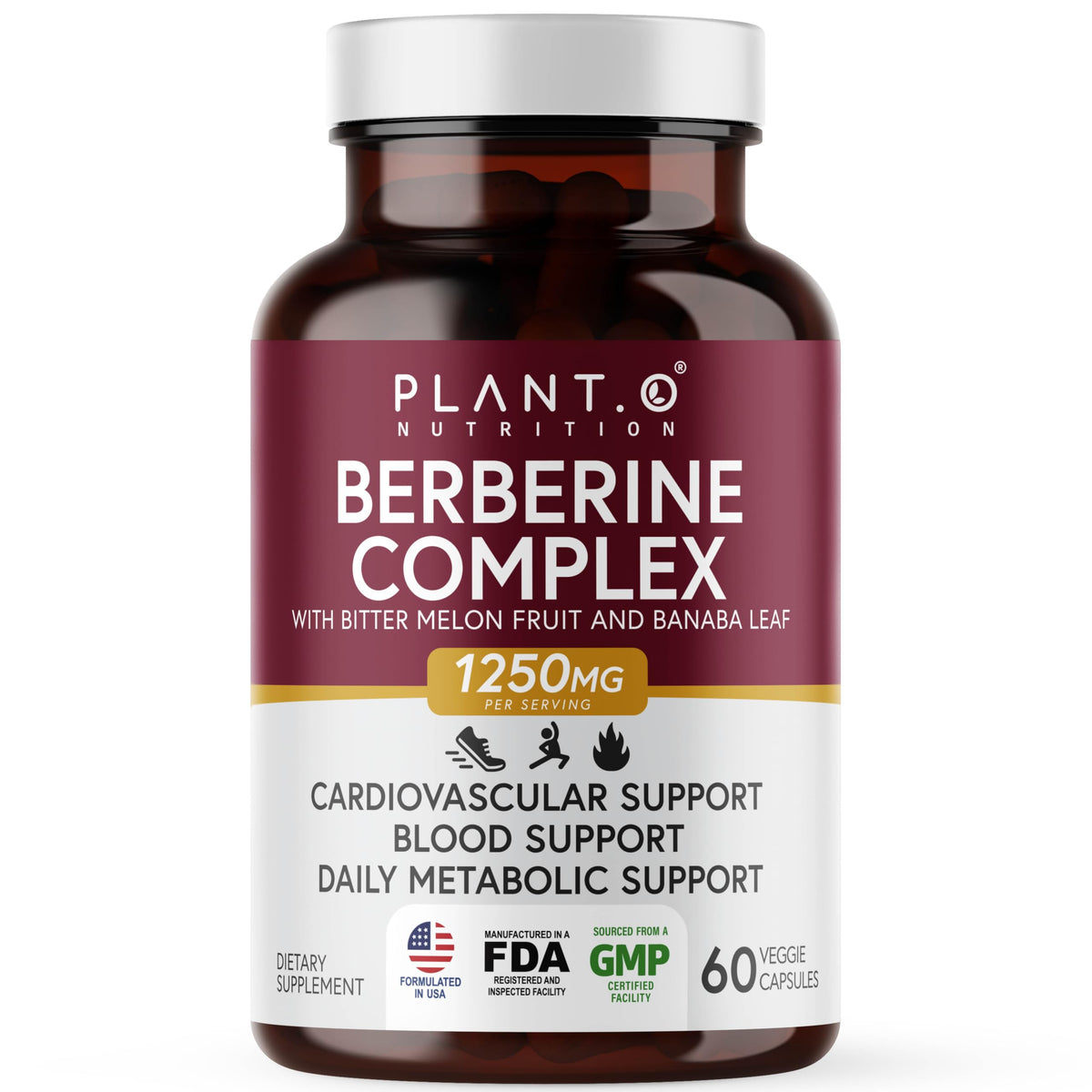 Front-facing bottle of PLANT.O NUTRITION Berberine HCl 60 capsules
