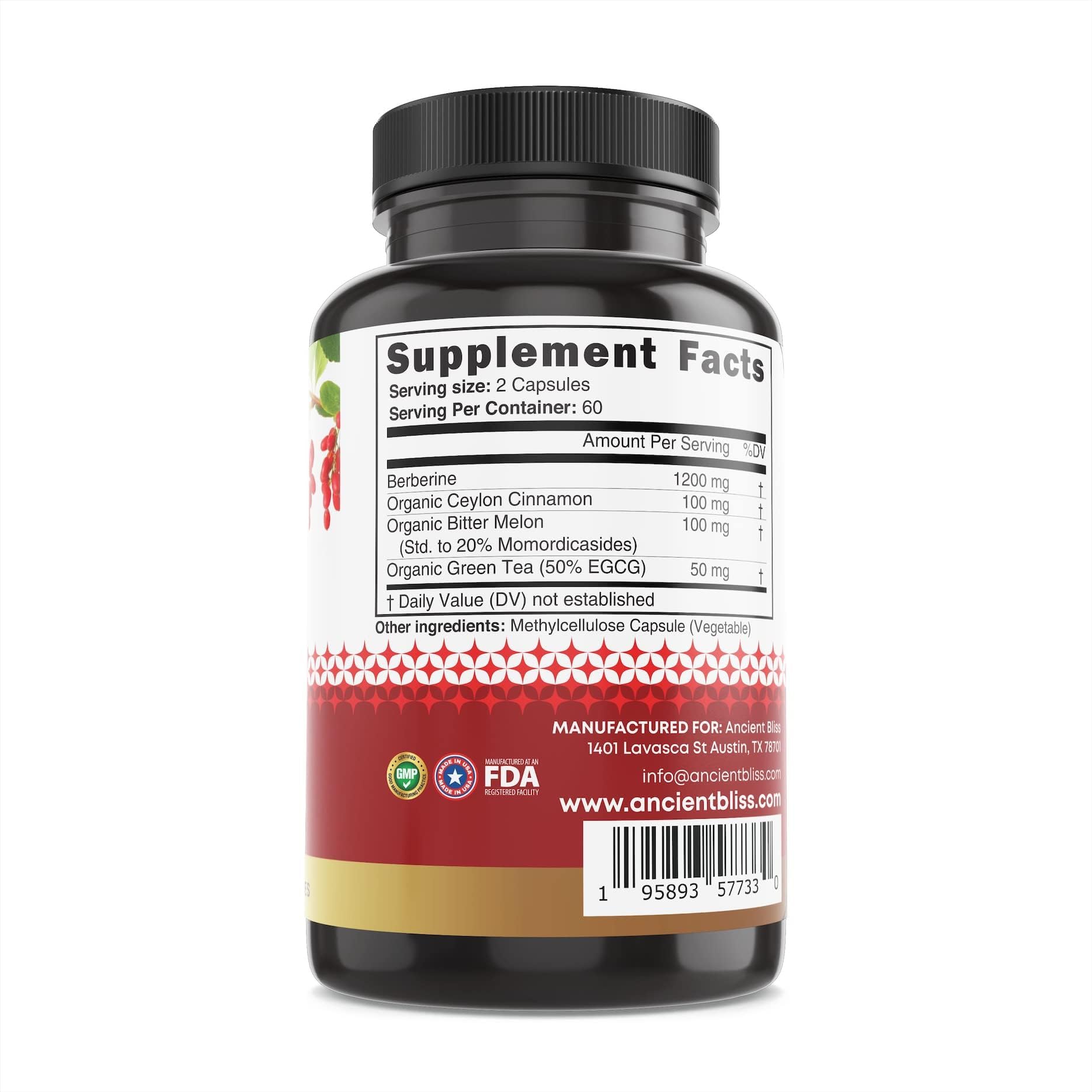 Ingredients: Berberine HCL, Cinnamon, Bitter Melon, Green Tea