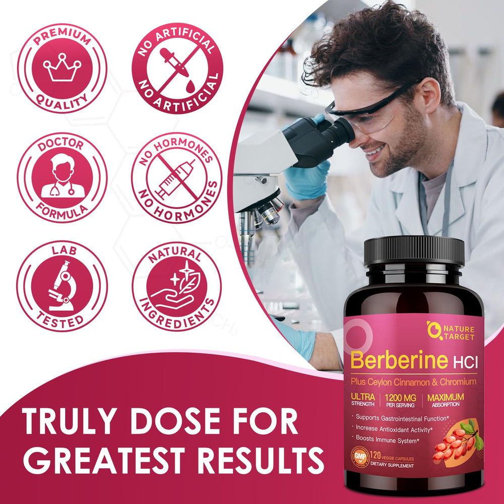 Non-GMO, gluten-free dairy-free certification icons for Nature Target Berberine HCl 1200mg