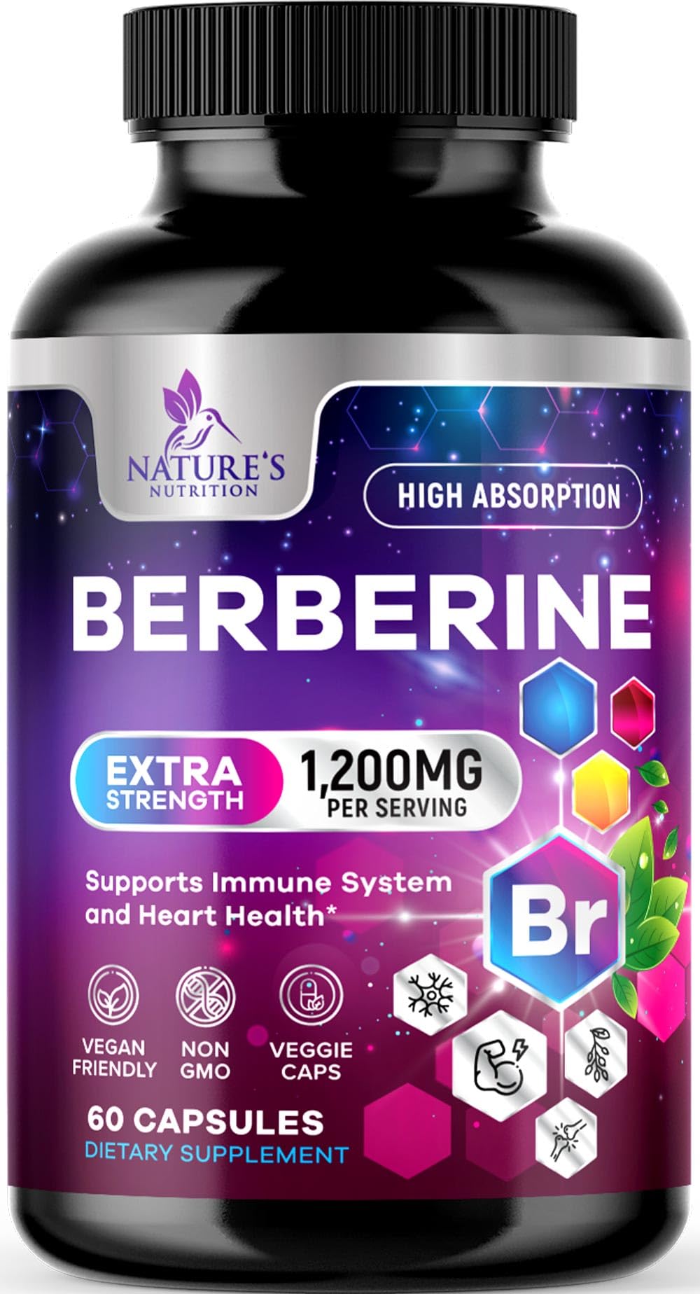 Bottle of Berberine HCL 1200mg supplement with 60 veggie capsules