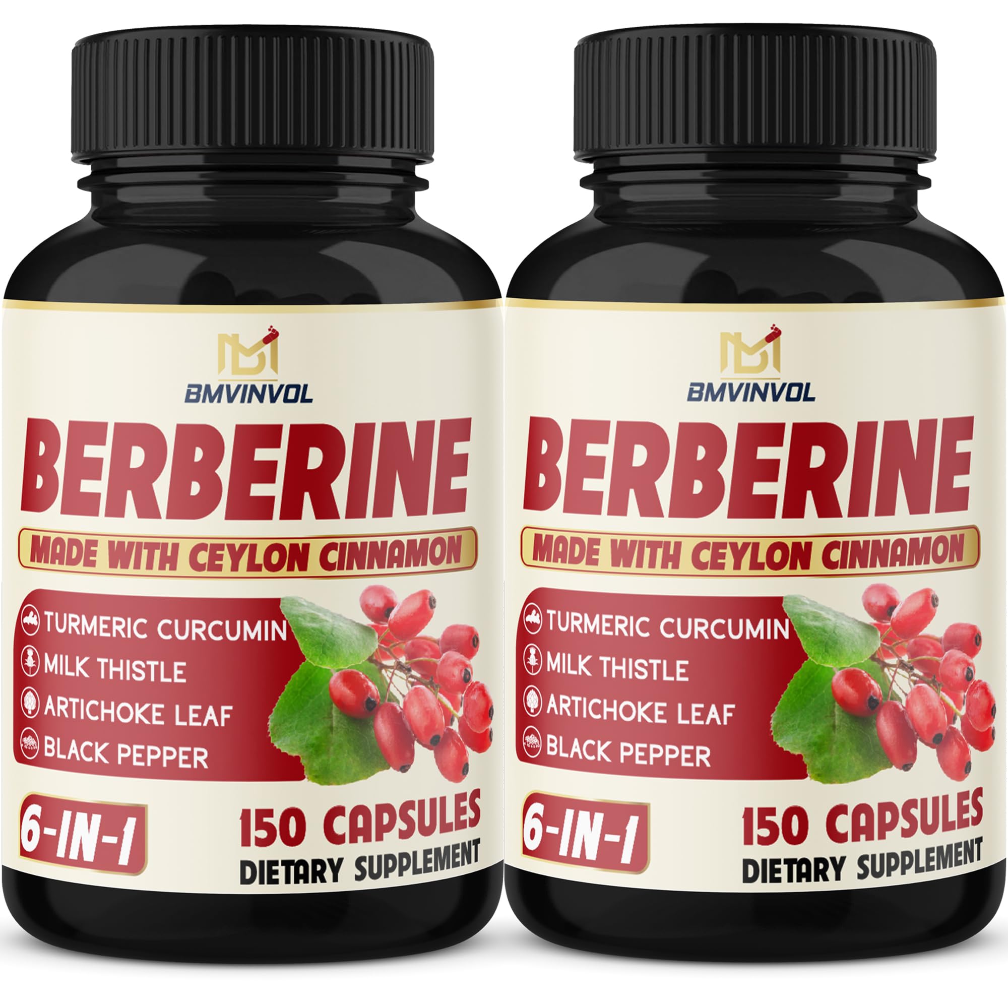 Front view of 2-pack Berberine HCl bottle with Cinnamon and Turmeric