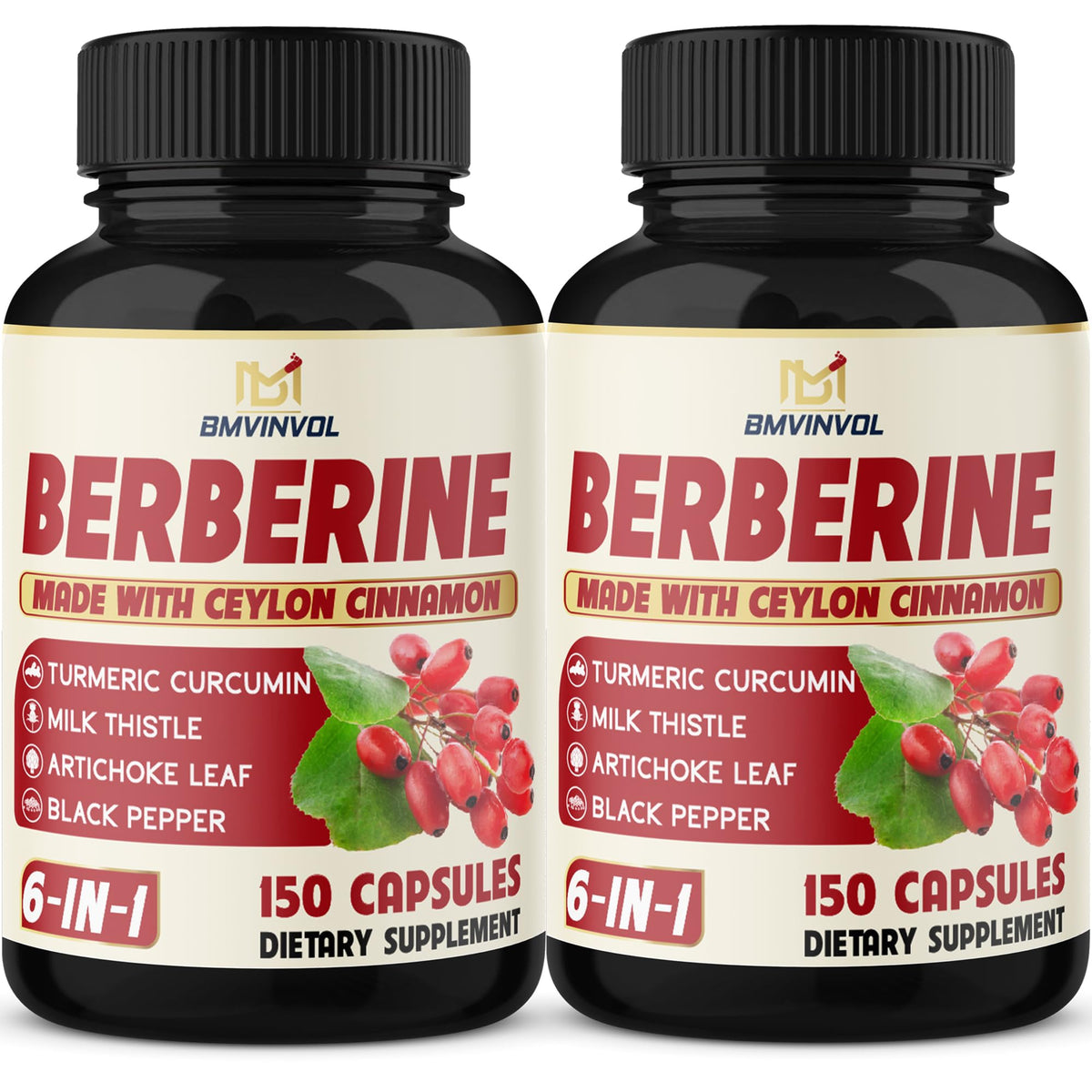 Front view of 2-pack Berberine HCl bottle with Cinnamon and Turmeric