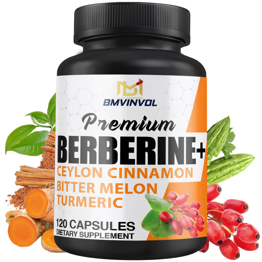 Berberine HCl supplement bottle label featuring Cinnamon, Turmeric, Green Tea and Bitter Melon blend