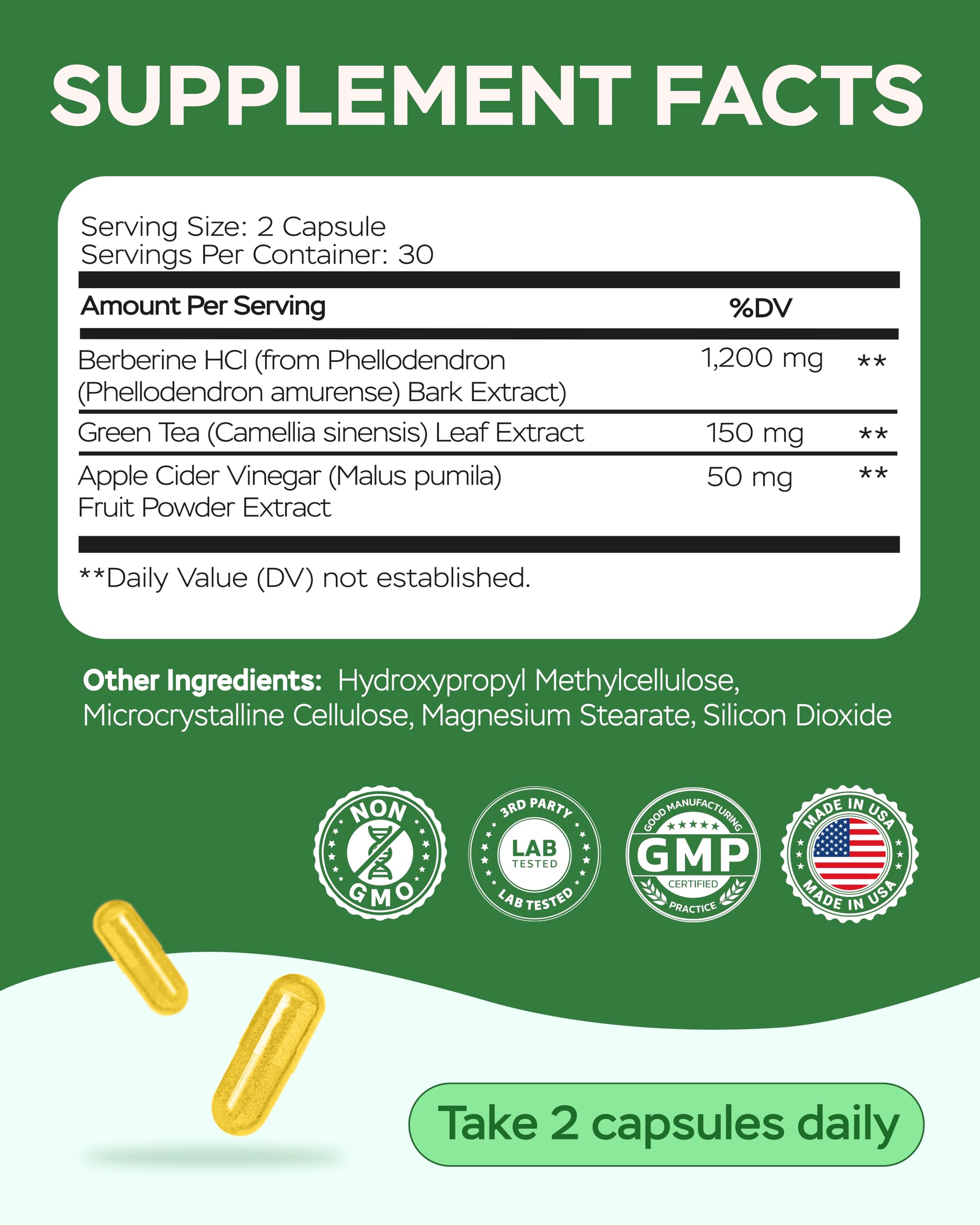 Gluten-free and non-GMO ingredients label for Berberine HCL supplement