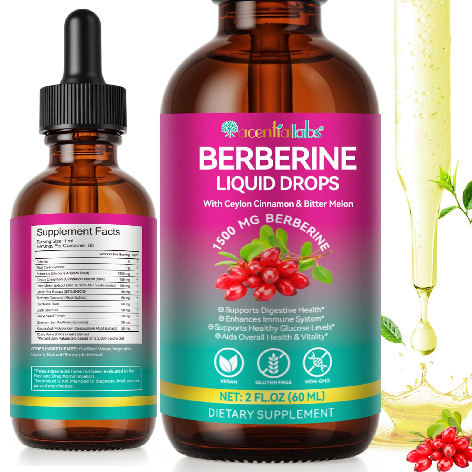 Bottle of Berberine Liquid Drops with cinnamon and turmeric imagery