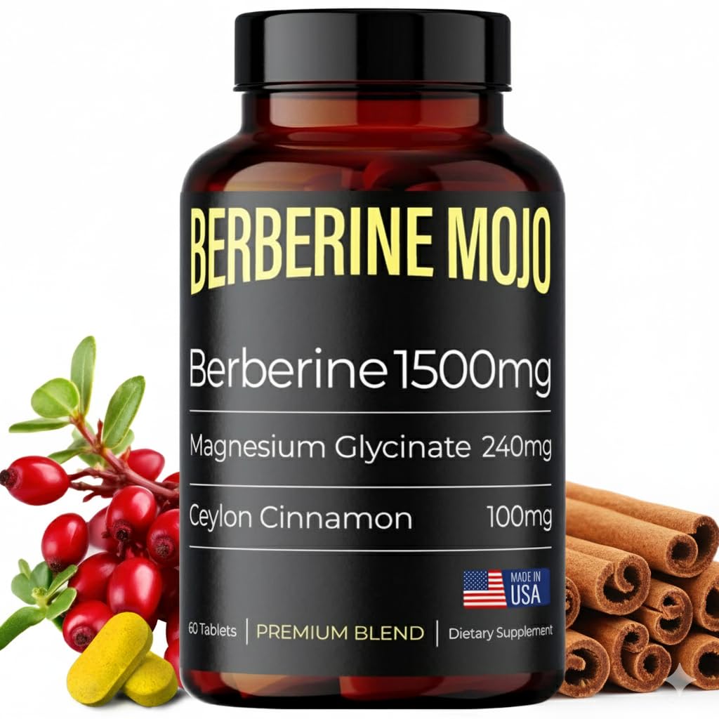 Bottle of Berberine Mojo 1500mg Berberine HCL tablets