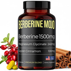 Bottle of Berberine Mojo 1500mg Berberine HCL tablets