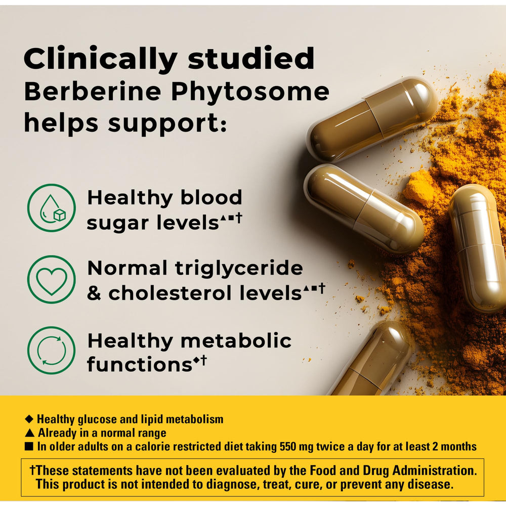 Berberine Phytosome capsules showing 1100 mg daily dosing (550 mg per capsule)