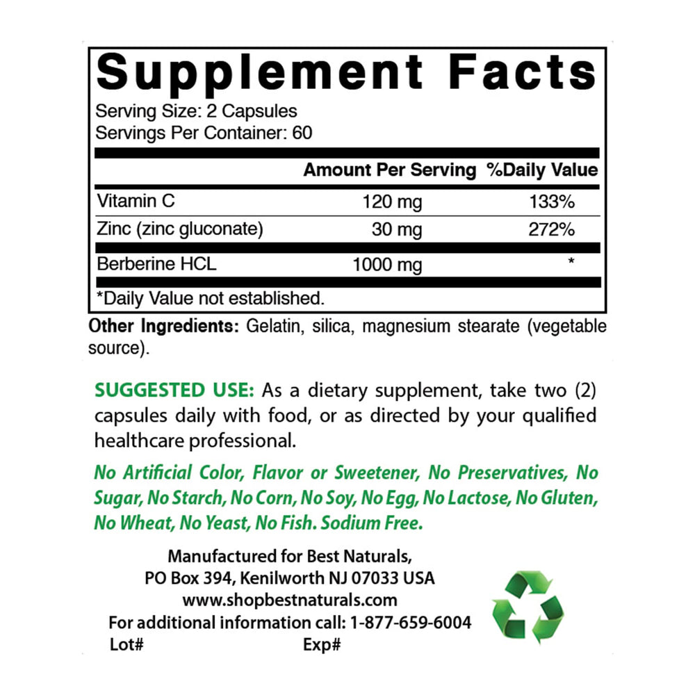 Berberine HCL 1000 mg per serving shown on the nutrition facts panel