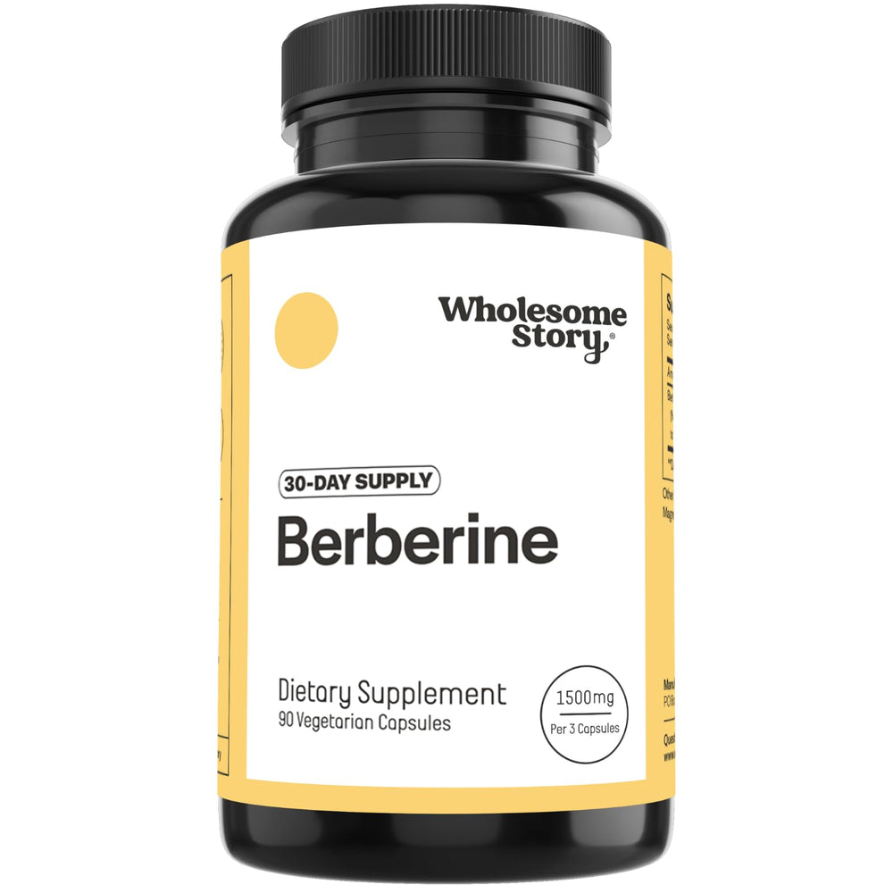 Close-up of Berberine supplement bottle with 1500 mg per daily serving