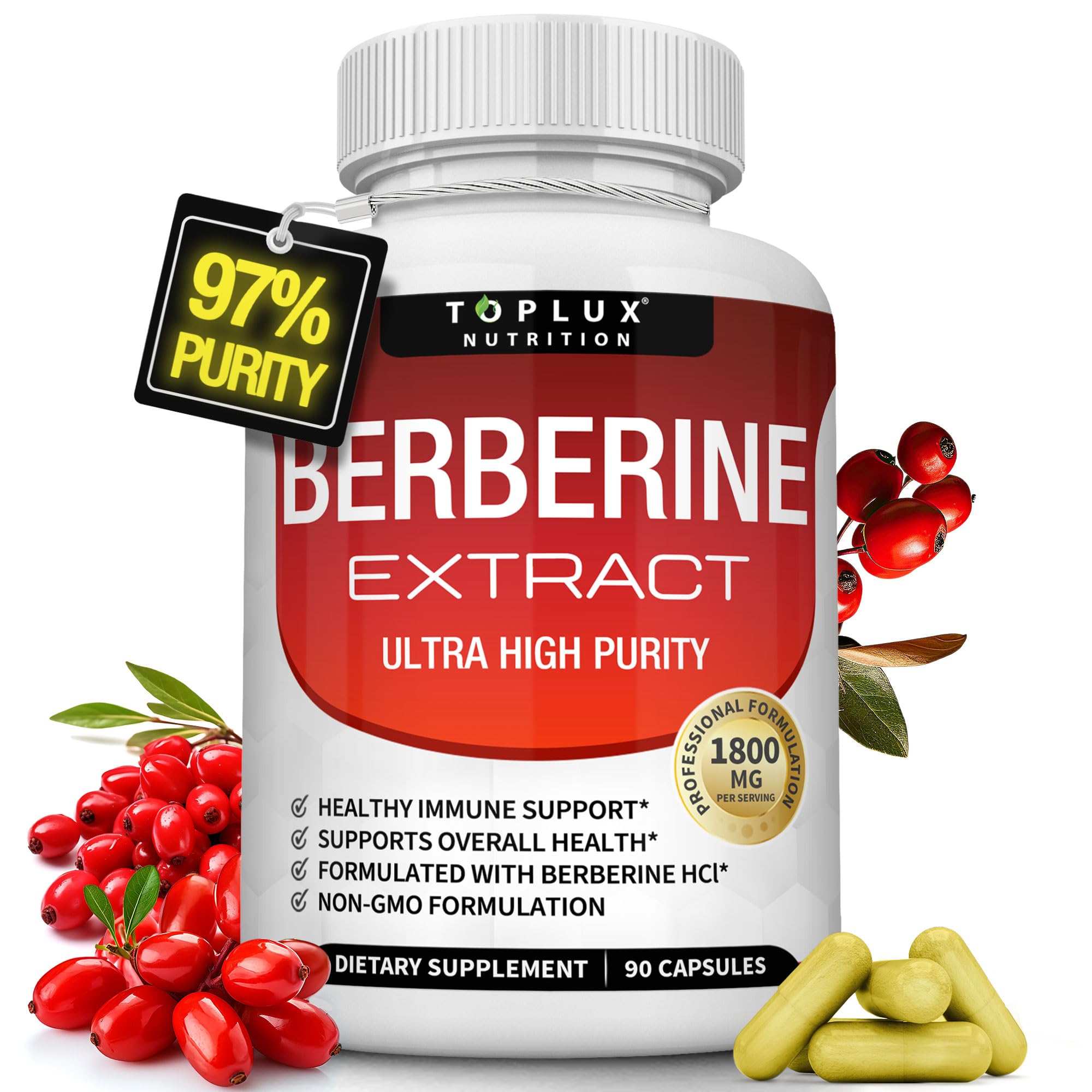 Berberine supplement bottle with 1800mg Berberine HCl 97% and 90 capsules