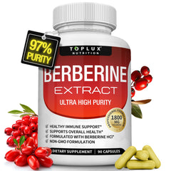 Berberine supplement bottle with 1800mg Berberine HCl 97% and 90 capsules