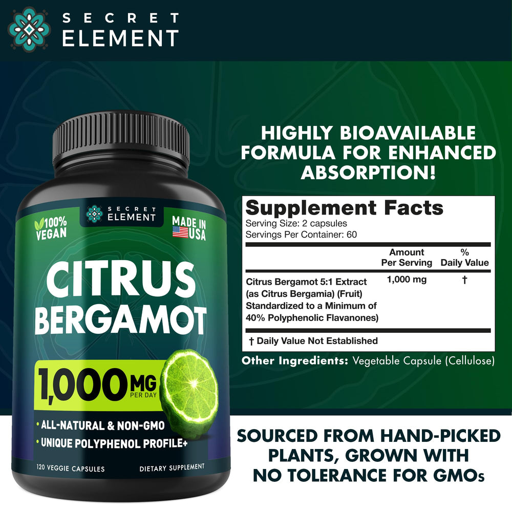 Citrus Bergamot 1000mg capsules on white background