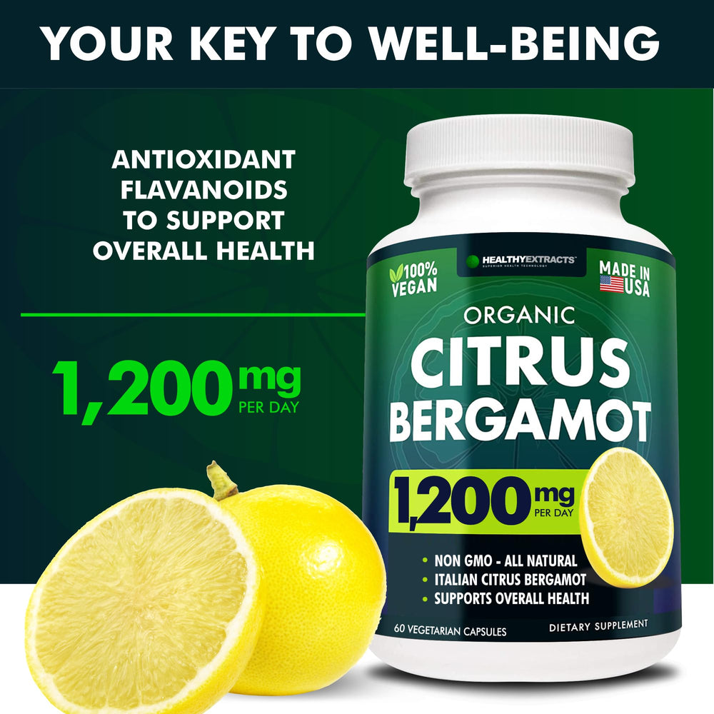 Close-up of bergamot capsules highlighting 80% polyphenols