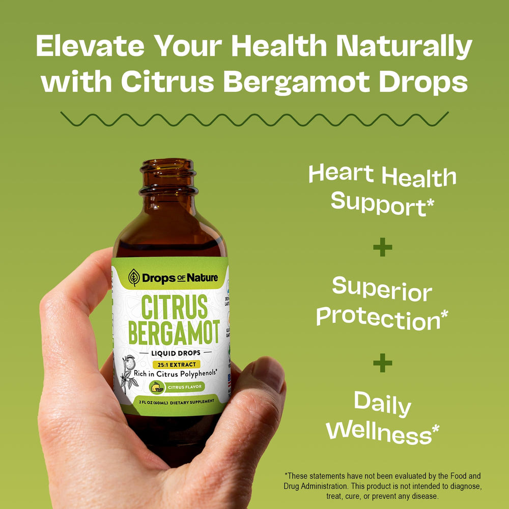 Close-up of Bergamot Drops bottle label highlighting vegan and gluten-free