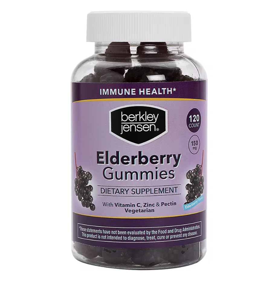 Berkley Jensen Elderberry Gummies with Vitmain C & Zinc bottle, 120 count, 150 mg